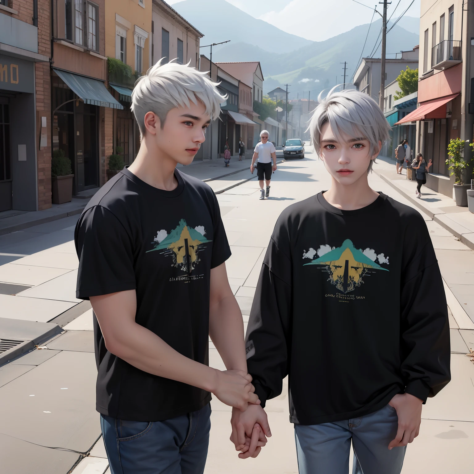 tienen camiseta negra puesta. In the background there is a city with green mountains., silver Two teenage friends  with silver hair, u, With Latin skin and light gray hair on the outskirts of a large silver city they are talking about an important topic they are friends almost like brothers.. estan bestidos con camiseta  negra 
