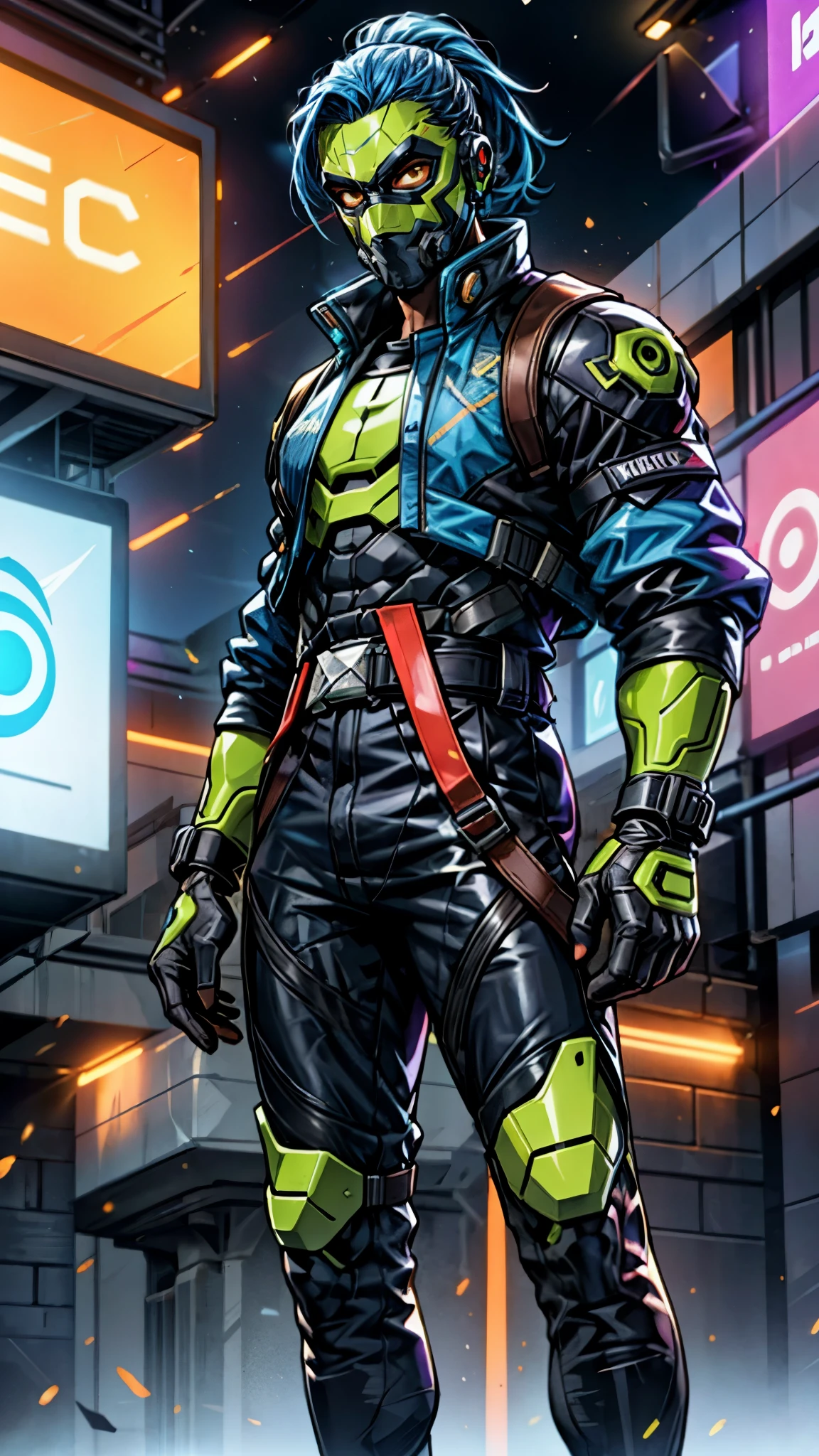 A man with blue hair tied in a ponytail, his face concealed by a falcon concept mask, full mask, stands tall and imposing, a futuristic sci-fi style short jacket, a dark bodysuit, matching trousers, a belt cinched at the waist, colorful gloves, he stands atop a futuristic high-rise, city night view, this character embodies a finely crafted futuristic sci-fi style masked hero in anime style, exquisite and mature manga art style, high definition, best quality, highres, ultra-detailed, ultra-fine painting, extremely delicate, professional, perfect body proportions, golden ratio, anatomically correct, symmetrical face, extremely detailed eyes and face, high quality eyes, creativity, RAW photo, UHD, 32k, Natural light, cinematic lighting, masterpiece-anatomy-perfect, masterpiece:1.5