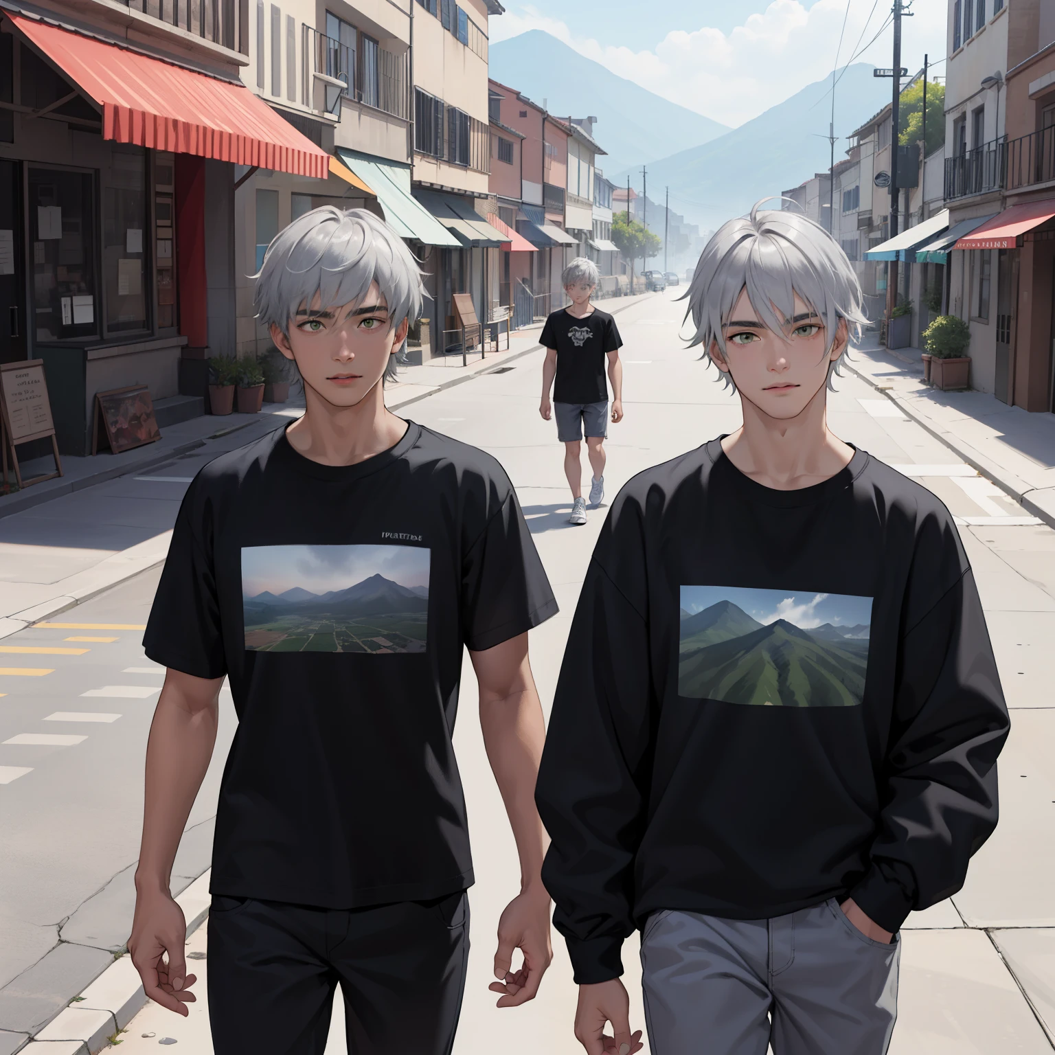 tienen camiseta negra puesta. In the background there is a city with green mountains., silver Two age friends 15 yh silver hair, u, With Latin skin and light gray hair on the outskirts of a large silver city they are talking about an important topic they are friends almost like brothers.. estan bestidos con camiseta negra