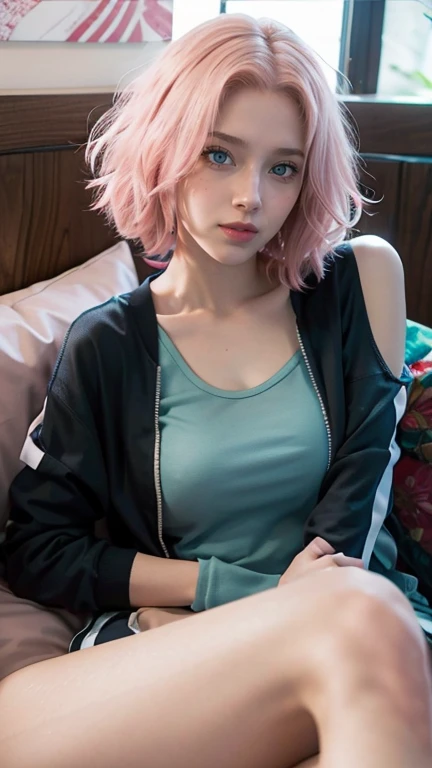 young woman, short shoulder-length pink hair, wide forehead, porcelain skin, pink eyebrows, big emerald green eyes, buttoned nose, full lips, heart-shaped face, slender body, small breasts, red tank top, Sakura Haruno , realistic, realism, details, 3d, well detailed
