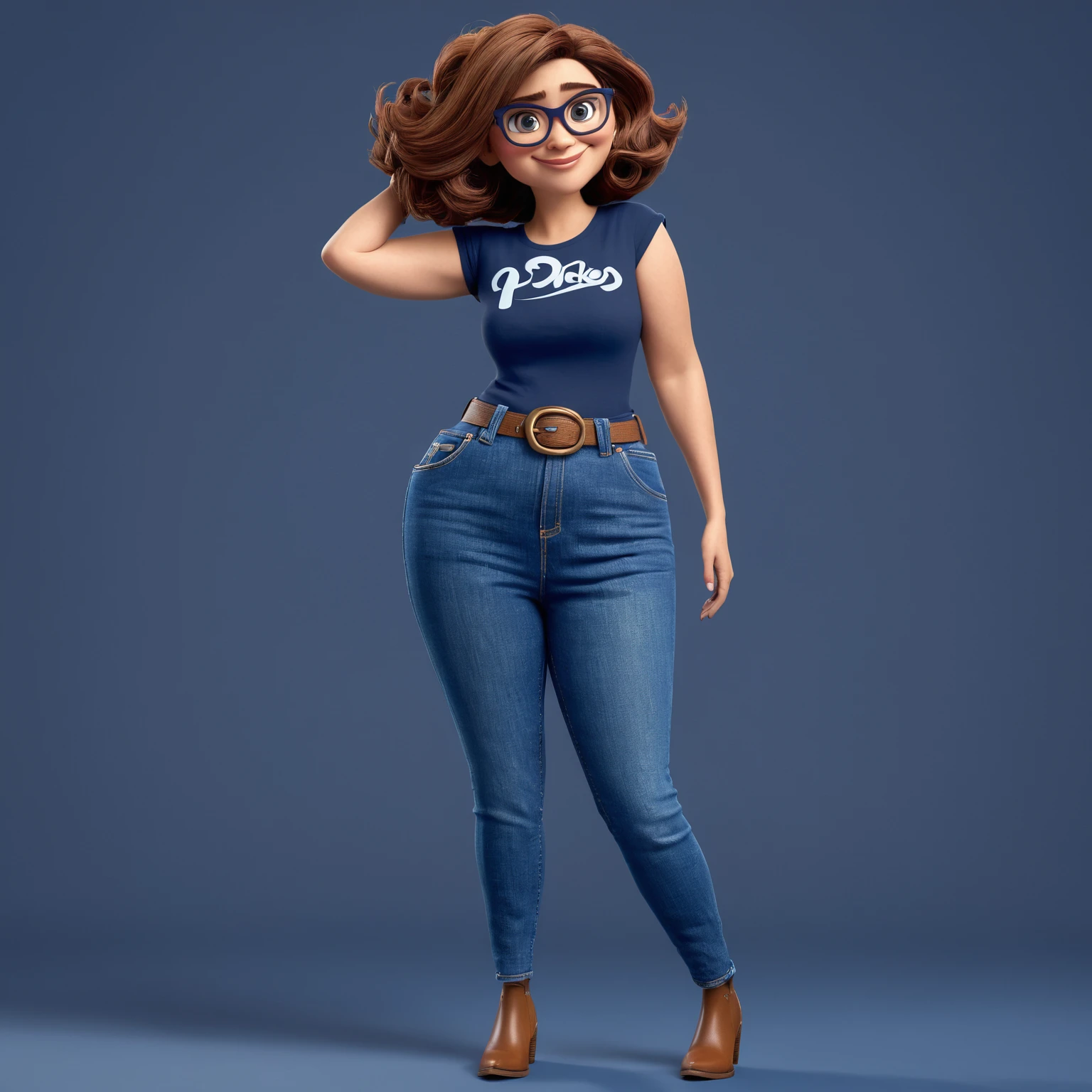 Crie mulher de 40 anos em estilo pixar 3D, cabelos e olhos castanhos, dark blue t-shirt and jeans