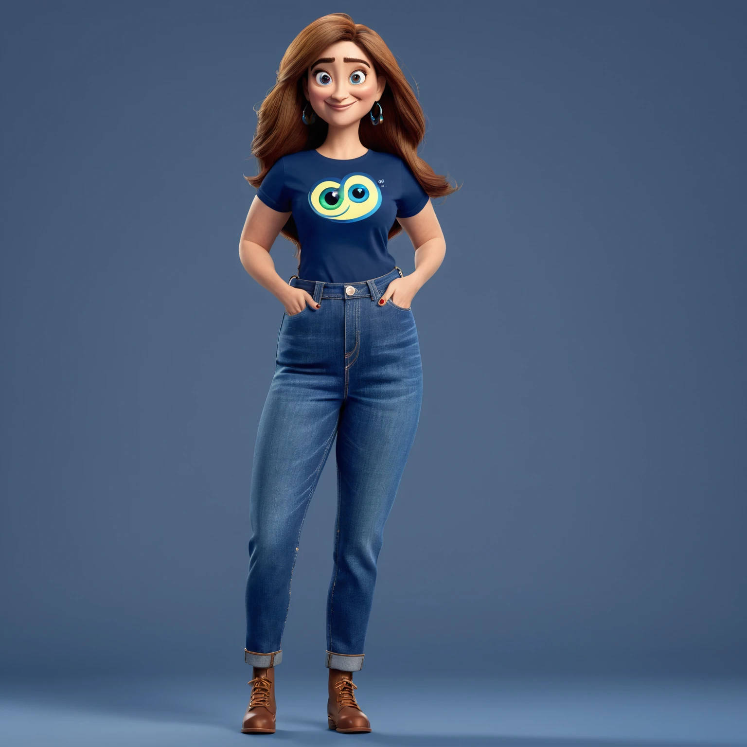 Crie mulher de 40 anos em estilo pixar 3D, cabelos e olhos castanhos, dark blue t-shirt and jeans