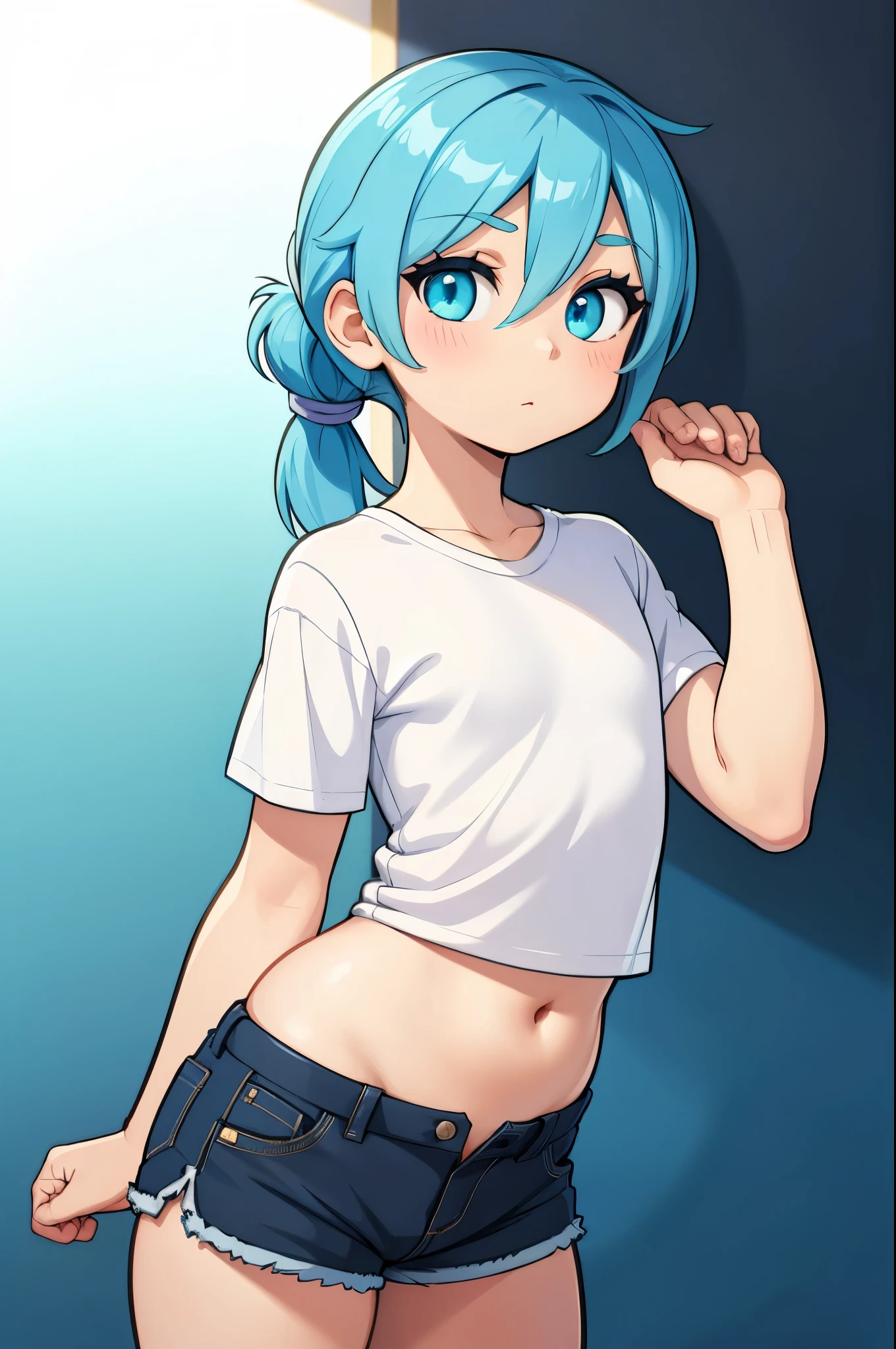 masterpiece, best quality, 1girl, solo, hoshimachisuisei, suisei hoshimachi, blue eyes, blue hair, choker, hair between eyes, medium hair, side ponytail, beautiful detailed eyes, extremely detailed face, perfect anatomy, flat chest, naked body, nude, sexy black underwear, black panties, topless, standing frontally, pov, looking at viewer, whole body can be seen, fear, afraid, scared expression, school locker room, detailed hands, five fingers, female genitals