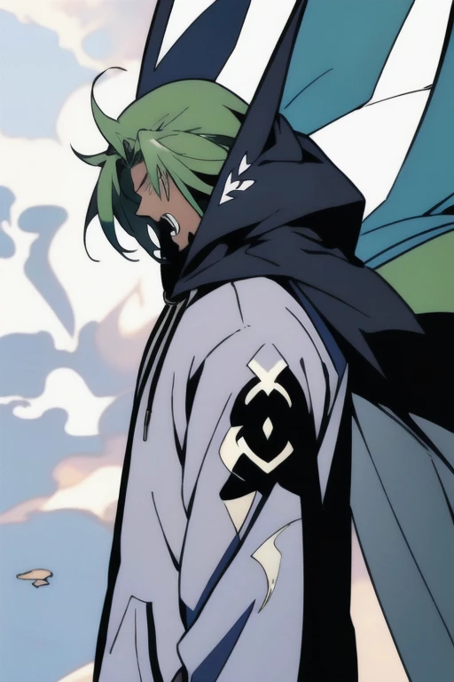 ((Character, best quality: 1.5, masterpiece, 8k detailed: 1.5, flat colors, anime)), solo: 2, 1boy, adult, white cloak, Enkidu, rage face, screaming, side view, yelling, close up shot, symmetrical, hoodie, lean forward, hood on,
