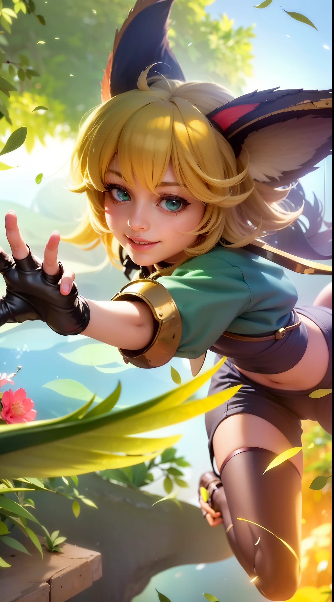 a girl with a cat hat and gloves, 8k, ultra hd, ultra detailed texture, hyper realistic, masterpiece, detailed texture, detailed face, detailed skin, detailed lighting, (photorealistic:1.5), best quality, beautiful lighting, cinematic lighting, professional lighting, ultra highres, realistic, detailed hair, real hair, high quality, (realskin:1.5), extremely detailed, finely detail, ultra-detailed, green eyes, smile.