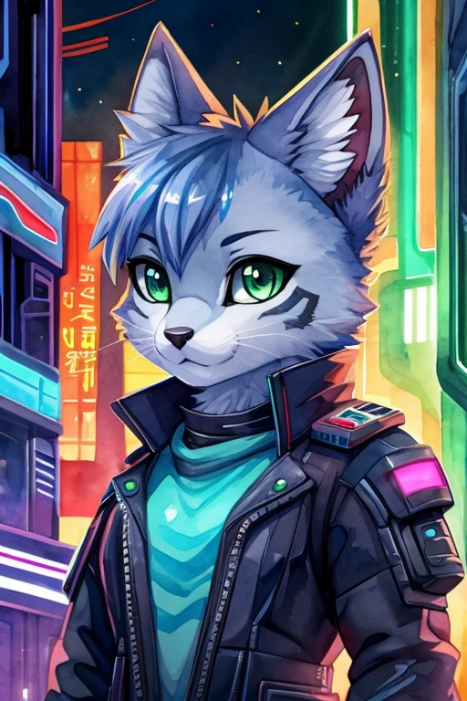  Cute Cyberpunk Kitten, girls,Russian Blue,Green eyes,watercolor, 2D vector image , super detailed,Ultra SVG , anime style