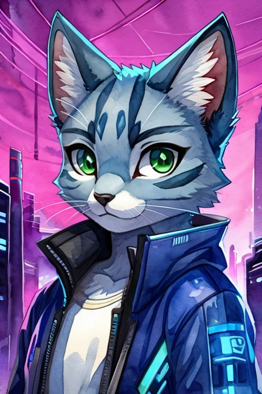 Cute Cyberpunk Kitten, girls,Russian Blue,Green eyes,watercolor, 2D vector image , super detailed,Ultra SVG , anime style