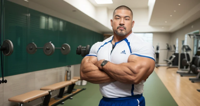 (Looking at his own bicep:1.4), (one or two bodybuilders:1.4), (tank top:1.4), (at gym:1.4), 40's, (Japanese man:1.4), manly face, fat face, (round face:1.4), (monolid eyes:1.2), (buzz cut:1.4), very large and strong body, bulky body, beefy muscles, (bulging muscles:1.4), (very large pectoral muscles:1.4), (muscular arms:1.4), muscular abs, muscular legs, muscular back, bright oily skin, (realistic:1.2), distant view
