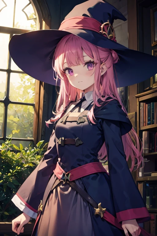 A pink haired female witch with violet eyes with an hourglass figure in a victorian style dress is blushing in the early morning light of the forest
