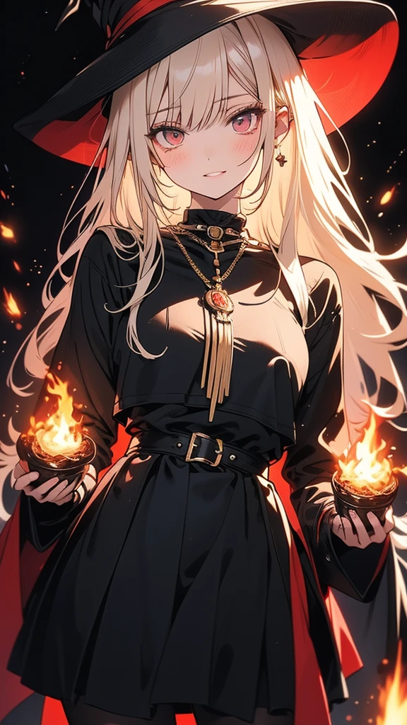 cinematic light, 8K resolution, (detailed eyes and skin), perfect body, Anatomically correct, beautiful face, double eyelids, thin eyebrows, blonde hair, long hair, natural lip color, beautiful woman is witch, 21 years old, slender body, medium breasts, witch spells fire magic, small clothes,
