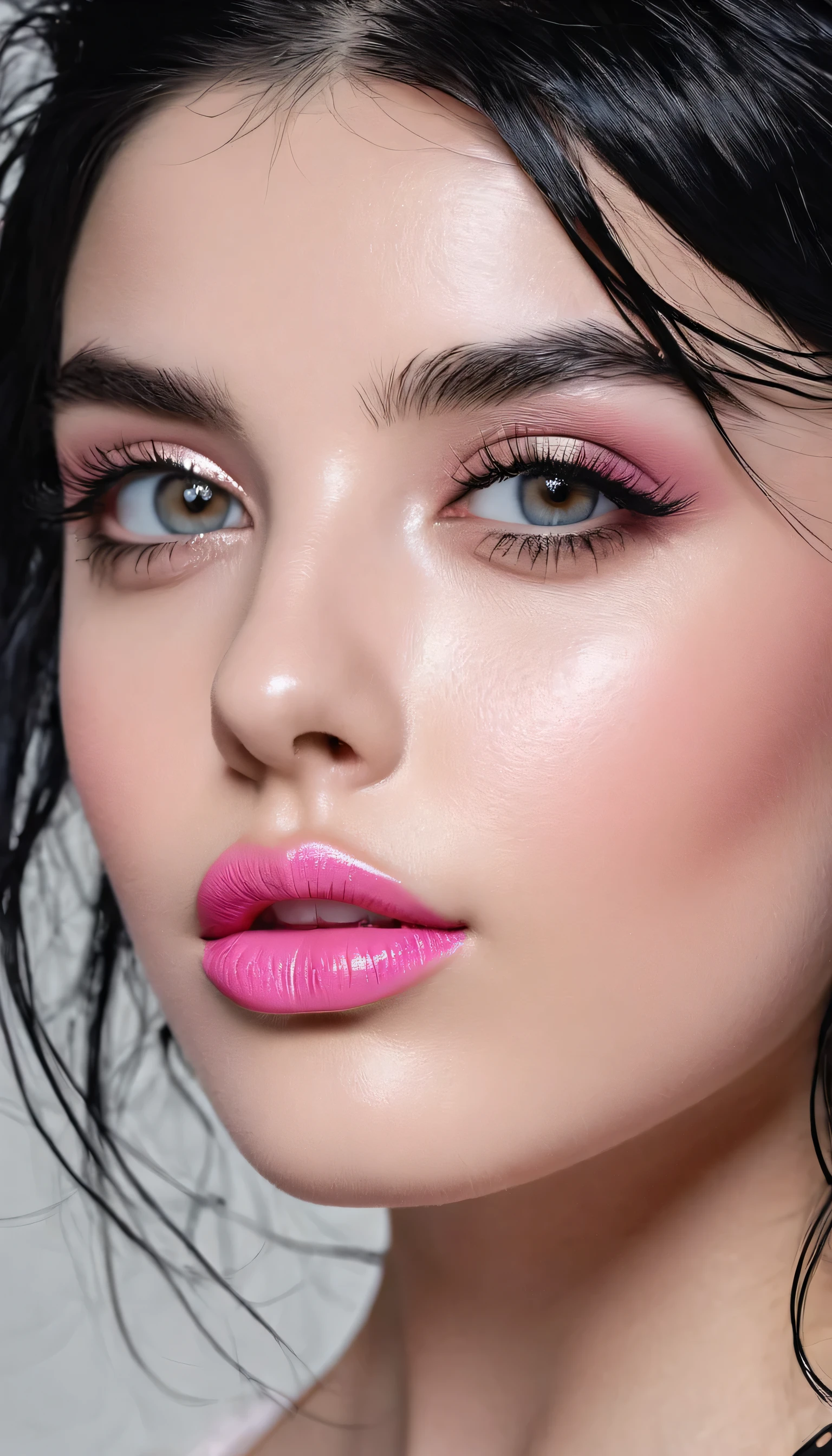 A stunning 21-year-old woman with fair skin, cascading waves of black hair framing her face, lips tinted with a delicate shade of pink. Her features include a perfectly sculpted sharp nose and large, captivating eyes that draw you in with their depth.