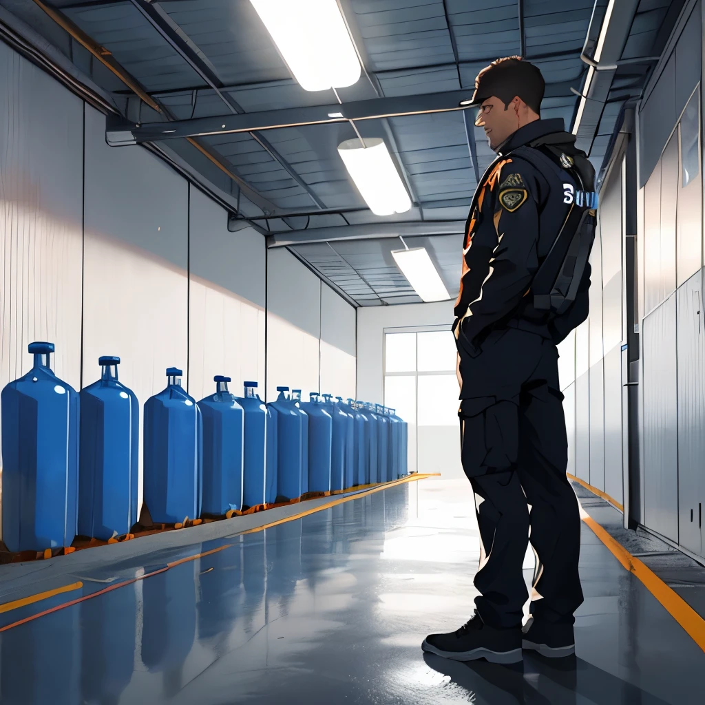 Melhor qualidade: 1.0), (super high resolution: 1.0), Security agent, standing, next to two gas cylinders, no seu colete a marca "Ultragaz", ambiente inospedo em escola