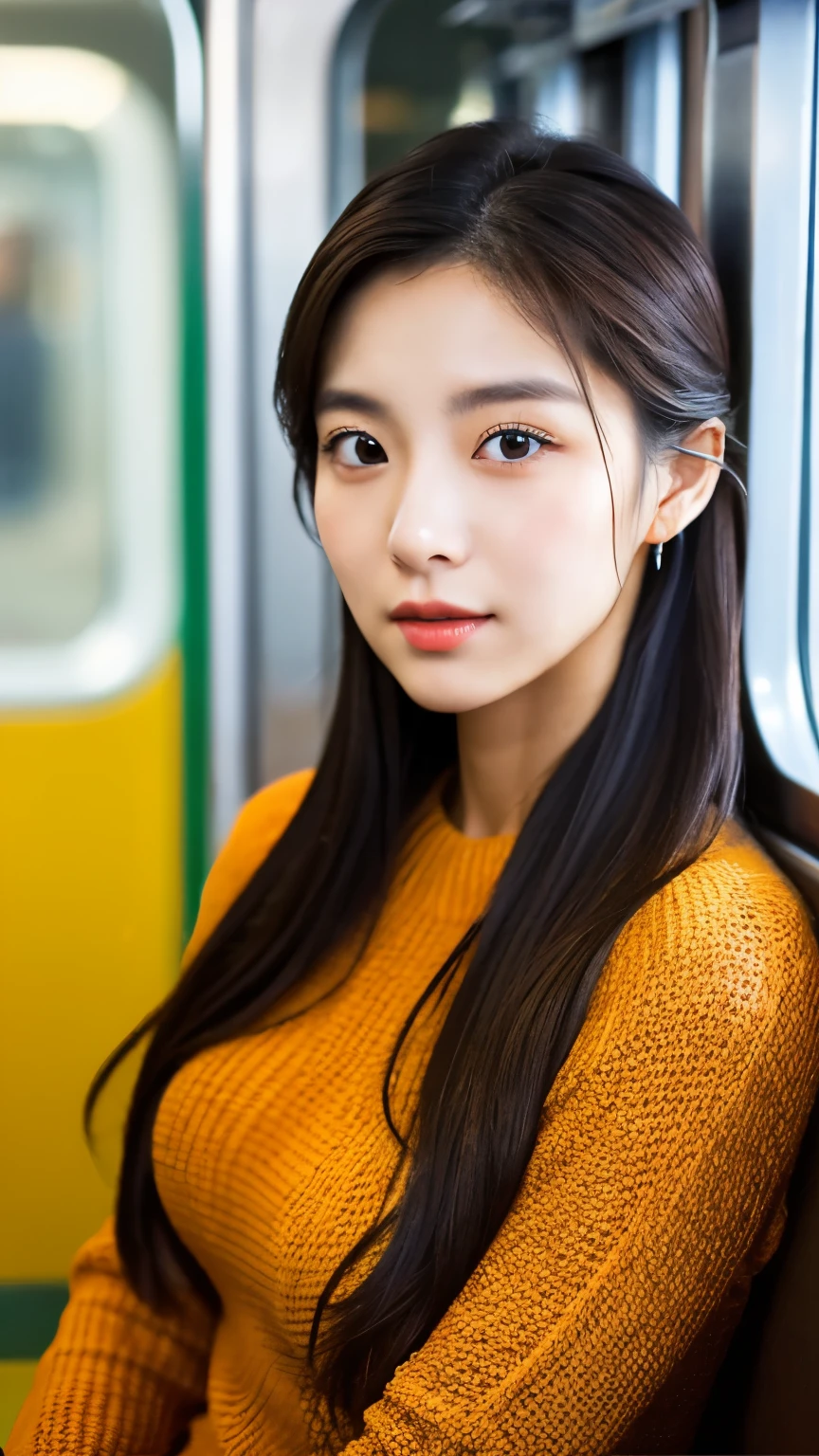close-up,  of beautiful korean female, 34 inch breasts size,  wearing crop roller sleeves sweater, sitting in a train, bokeh background