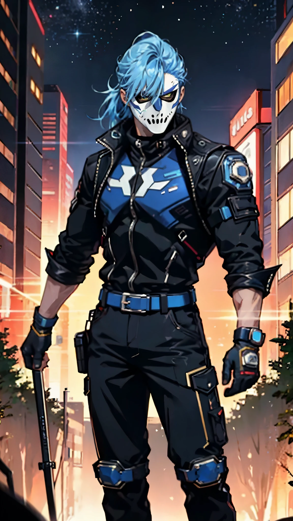 A man with blue hair tied in a ponytail, his face concealed by a falcon concept mask, full mask, stands tall and imposing, a futuristic sci-fi style short jacket, a dark bodysuit, matching trousers, a belt cinched at the waist, colorful gloves, he stands atop a futuristic high-rise, city night view, this character embodies a finely crafted futuristic sci-fi style masked hero in anime style, exquisite and mature manga art style, high definition, best quality, highres, ultra-detailed, ultra-fine painting, extremely delicate, professional, perfect body proportions, golden ratio, anatomically correct, symmetrical face, extremely detailed eyes and face, high quality eyes, creativity, RAW photo, UHD, 32k, Natural light, cinematic lighting, masterpiece-anatomy-perfect, masterpiece:1.5