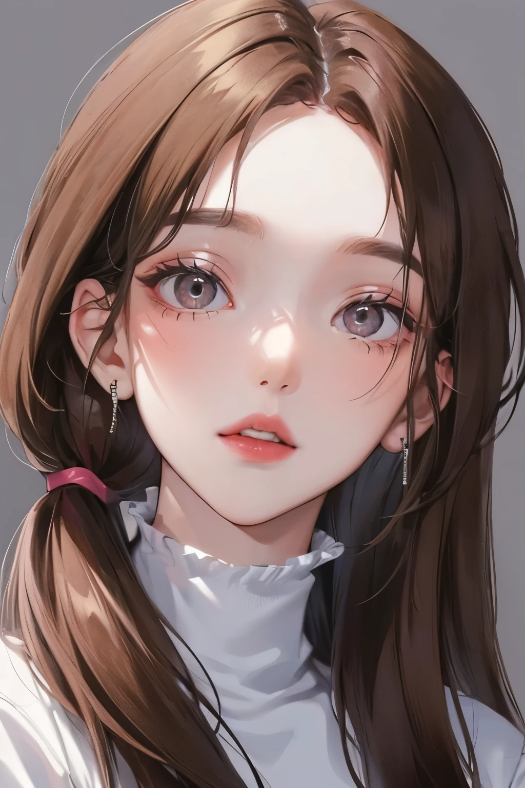 Girl, long brown hair, gray eyes, sharp features, white skin, pink lips, ponytail