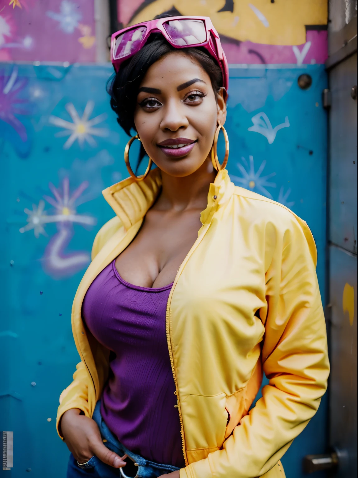 Jubilee,short black hair, brown eyes, solo, standing,  upper body,     covered ,   smile, busty, sexy black girl, extreme curves ,
jubJak,  open yellow jacket, purple shades on head, hoop earrings ,blue gloves, pink shirt, 
streets, chain fence,  retro,  graffiti, light skin curvy black girl ,
 (insanely detailed, beautiful detailed face, masterpiece, beautiful detailed eyes, best quality)