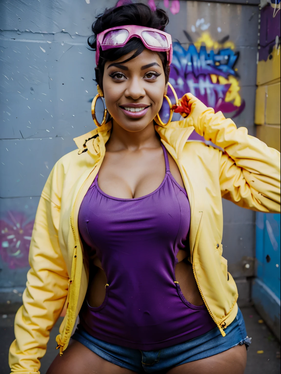 Jubilee,short black hair, brown eyes, solo, standing,  upper body,     covered ,   smile, busty, sexy black girl, extreme curves ,
jubJak,  open yellow jacket, purple shades on head, hoop earrings ,blue gloves, pink shirt, 
streets, chain fence,  retro,  graffiti, light skin curvy black girl ,
 (insanely detailed, beautiful detailed face, masterpiece, beautiful detailed eyes, best quality)