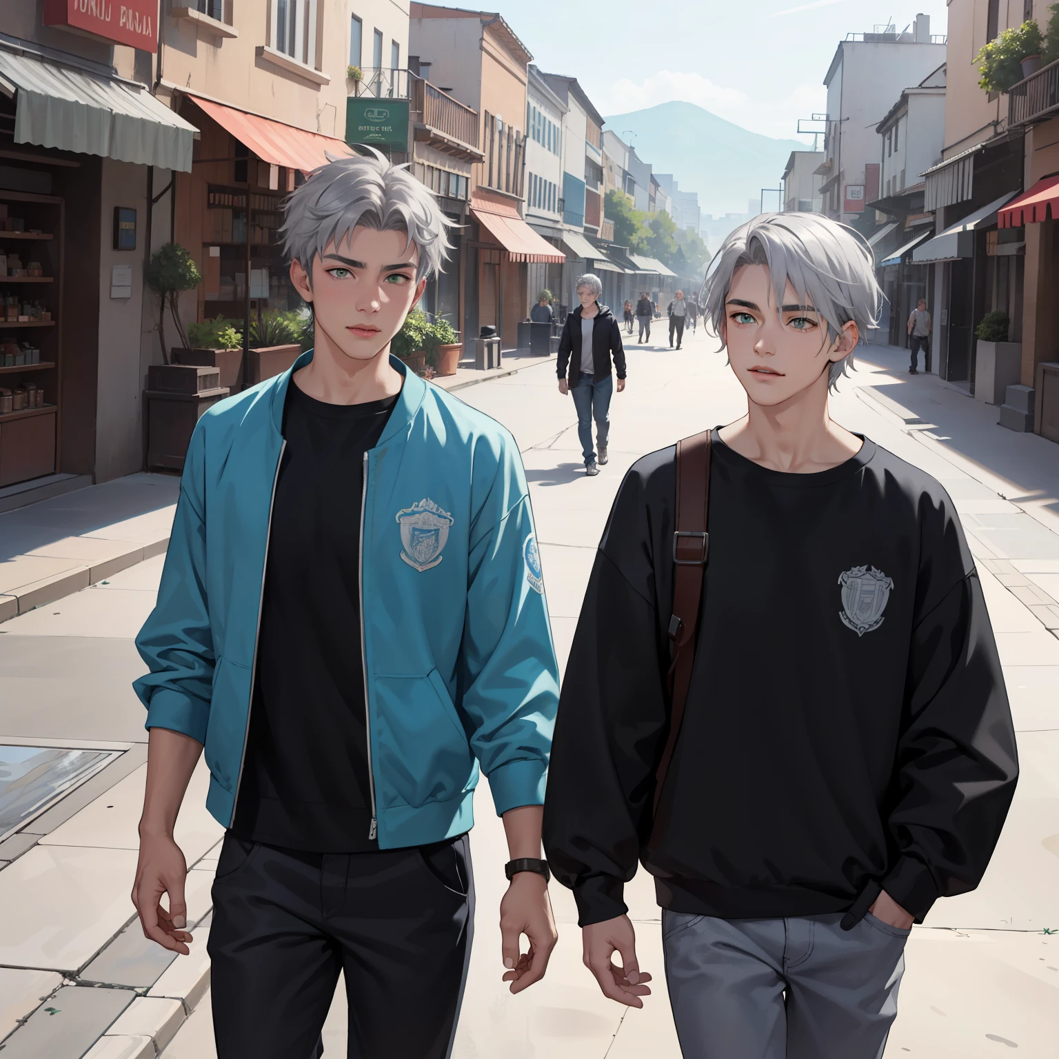 In the background there is a city with green mountains., silver Two age friends of 15 years with silver hair, una amenaza a la otra , With Latin skin and light gray hair on the outskirts of a large silver city they are talking about an important topic they are friends almost like brothers.........