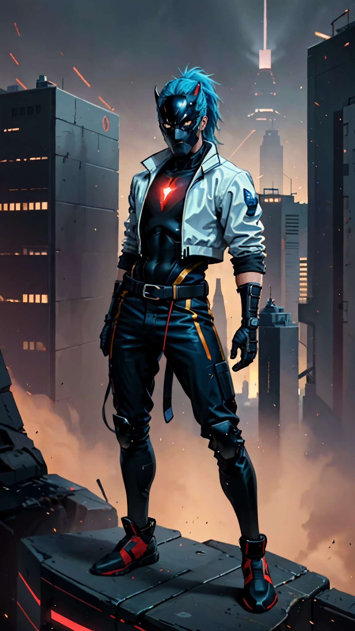 A man with blue hair tied in a ponytail, his face concealed by a falcon concept mask, full mask, stands tall and imposing, a futuristic sci-fi style short jacket, a dark bodysuit, matching trousers, a belt cinched at the waist, colorful gloves, he stands atop a futuristic high-rise, city night view, this character embodies a finely crafted futuristic sci-fi style masked hero in anime style, exquisite and mature manga art style, high definition, best quality, highres, ultra-detailed, ultra-fine painting, extremely delicate, professional, perfect body proportions, golden ratio, anatomically correct, symmetrical face, extremely detailed eyes and face, high quality eyes, creativity, RAW photo, UHD, 32k, Natural light, cinematic lighting, masterpiece-anatomy-perfect, masterpiece:1.5