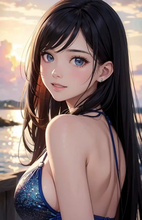 masterpiece、highest quality、High resolution、high quality images、8K, 1 female、skin luster、Texture of skin and clothing、Expression of fine eyes、shining black hair,long hair girl, Manga inspired by Lee Jong-suk, trending on deviantart, realism, detailed manga style, manga art style, perfect line drawing, beautiful line drawing, digital manga art girl, K-POPアイドル, dress, beautiful blue eyes, plump lips, detailed gorgeous face, (cute smile), charm, innocent, Side view, (perfectly detailed face), (fine hands) photorealistic images, Depth of written boundary, half up hairstyle, warm sunshine,swimsuit，cloud，sky sky，sunset ,The skin is delicate，