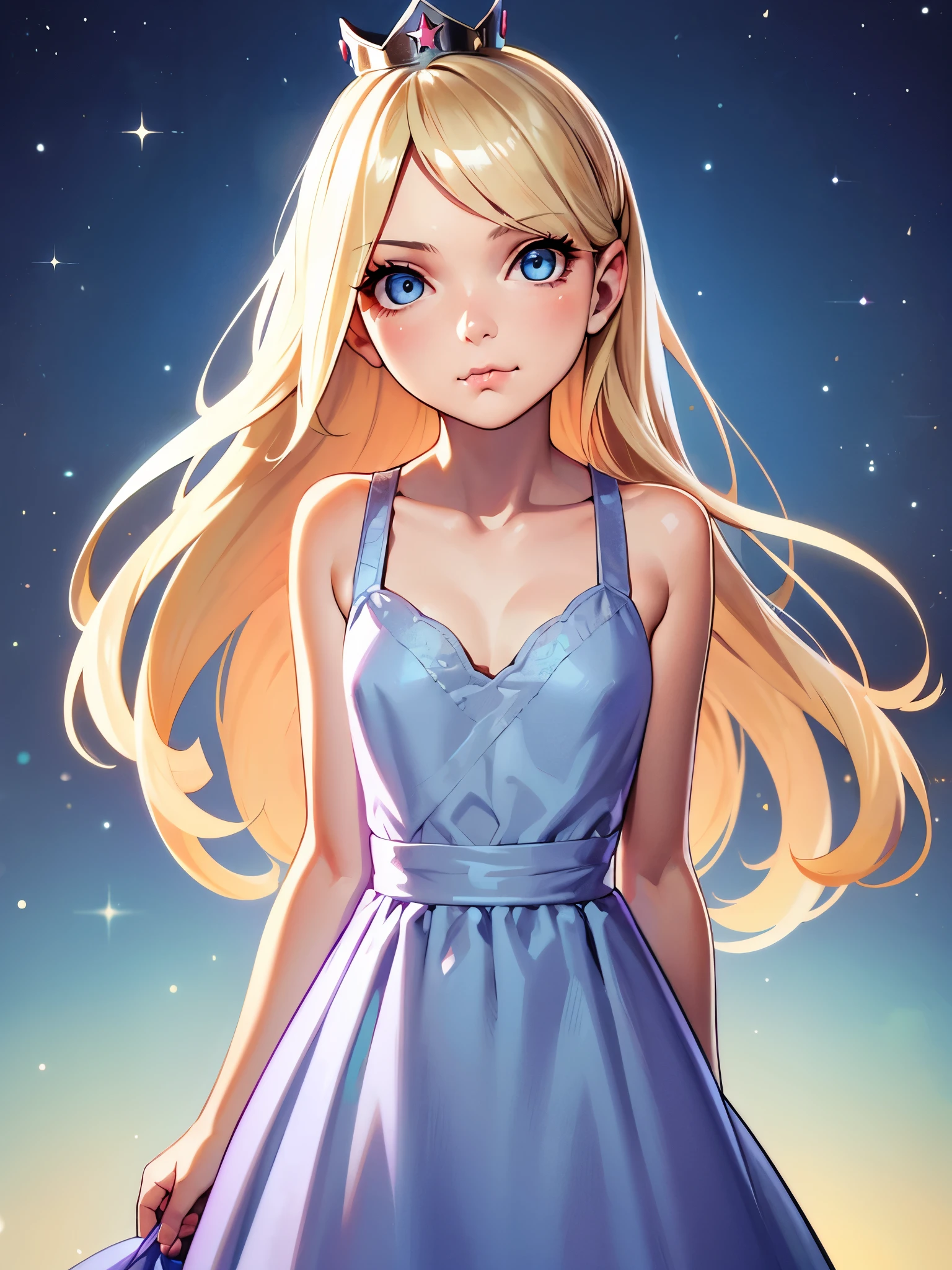 1girl,aged down,bare shoulders,blonde hair,blue eyes,blush,closed mouth,collarbone,crown,dress l,dress tug,eyelashes,female focus,from above,grey dress,long hair,pout,shiny skin,shooting star,sky,sleeveless,sleeveless dress,solo,space,standing,star (sky),starry sky,tearing up