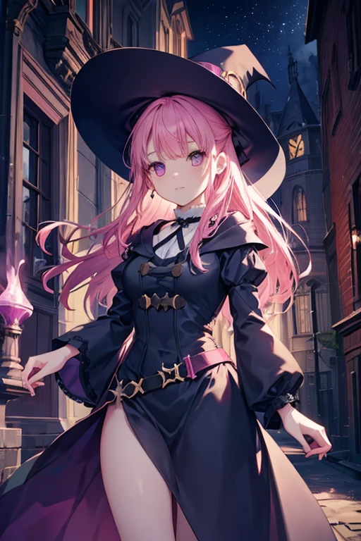 A pink haired female witch with violet eyes with an hourglass figure in a victorian style dress is practicing magic outside at night