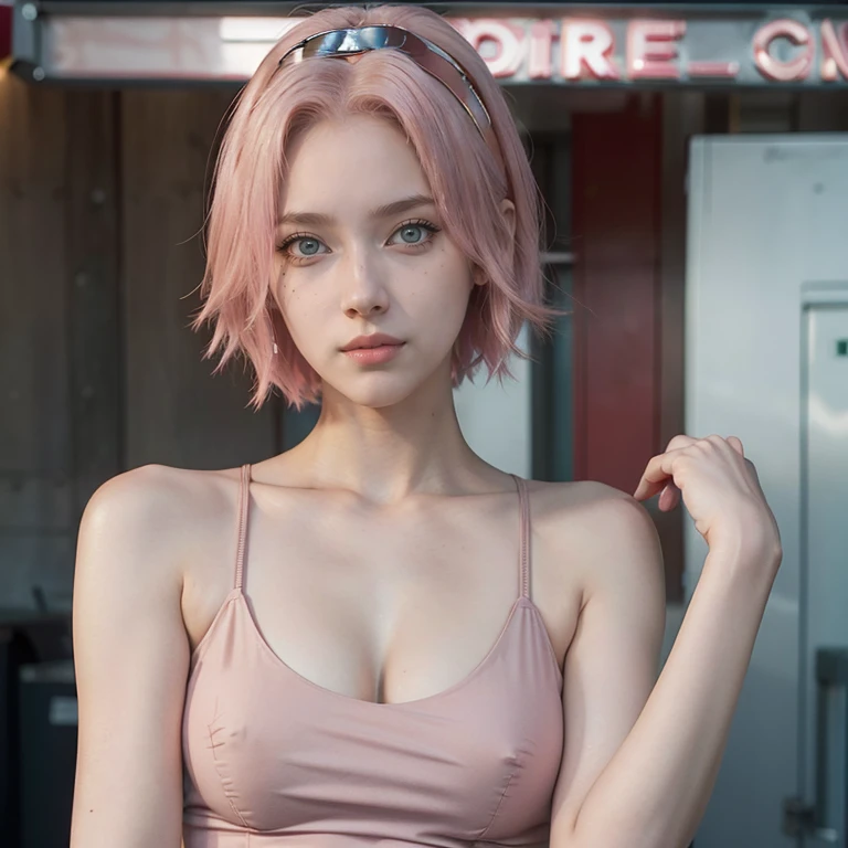 young woman, short shoulder-length pink hair, wide forehead, porcelain skin, pink eyebrows, big emerald green eyes, buttoned nose, full lips, heart-shaped face, slender body, small breasts, red tank top, Sakura Haruno , realistic, realism, details, 3d, well detailed