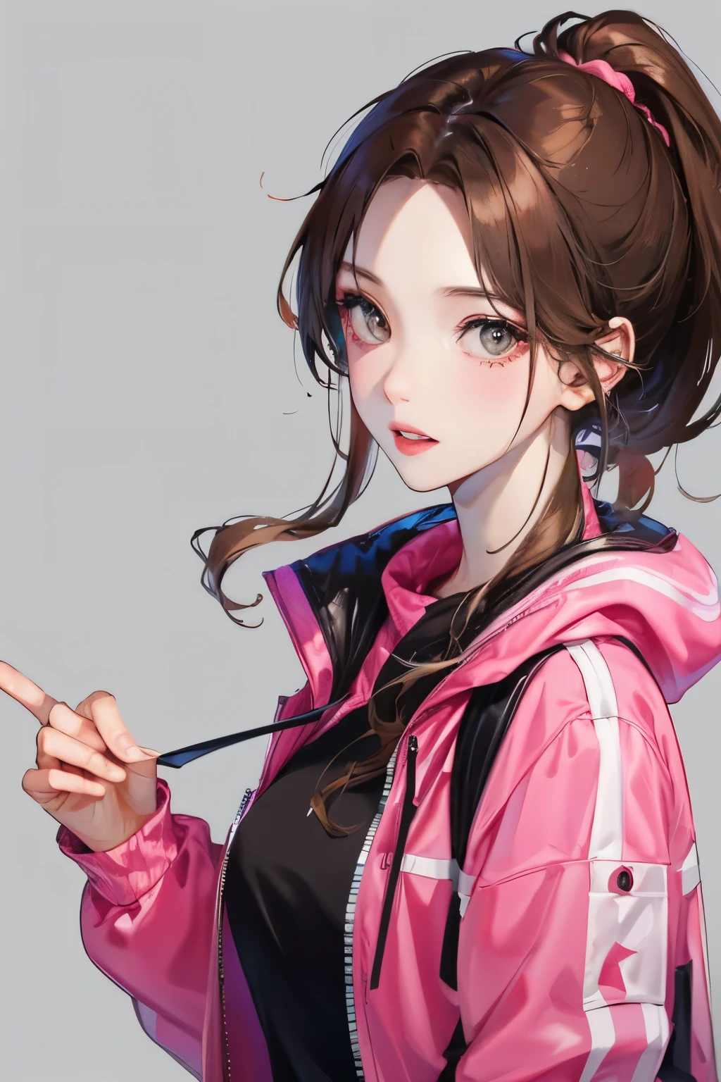 Girl, long brown hair, gray eyes, sharp features, white skin, pink lips, ponytail
