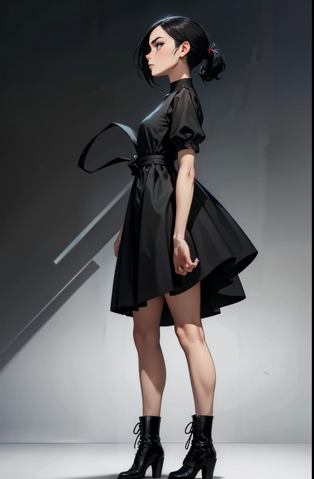 makeup, Soft or colored lips, simple black background, minimalism, monotonous, bright color palettes, , grumpy face, short dress, exposed feet, short black dress, boots, straight hair tied up, standing on tiptoe, wears a large lollipop as weapon, angry body expression looks up, side view, perspective, side, perfect anatomy, dynamic pose, perfect hands, wind in dress

