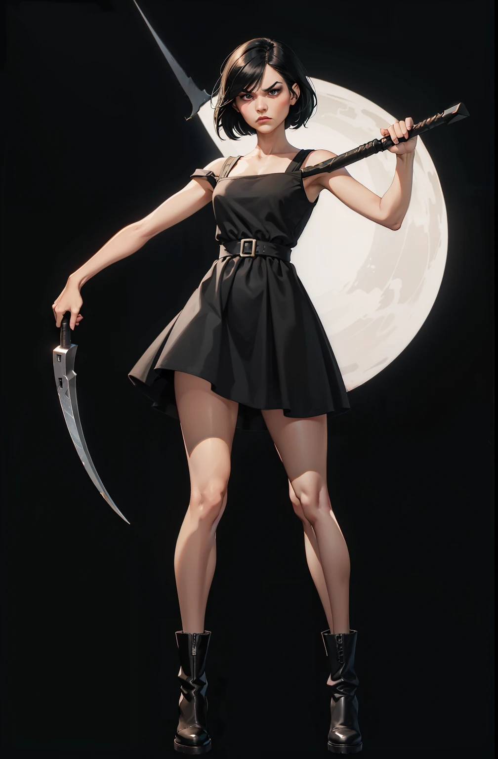 makeup, Soft or colored lips, simple black background, minimalism, monotonous, bright color palettes, , grumpy face, short dress, exposed feet, short black dress, boots, straight hair tied up, standing on tiptoe, wears a large lollipop as weapon, angry body expression looks up, perfect anatomy, dynamic pose, perfect hands, wind in dress


