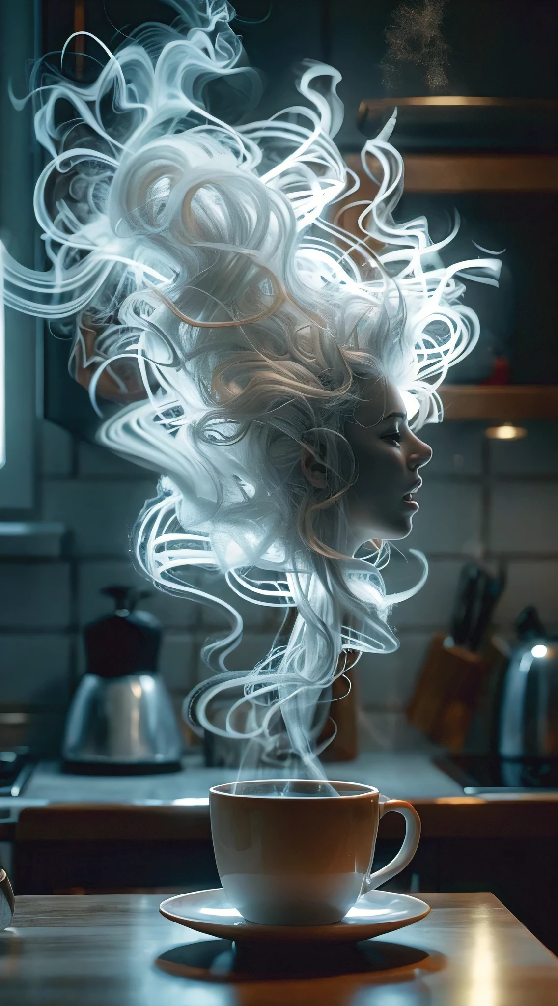 (a woman with white hair,kingshaped,emerging from the steaming cup of coffee),(realistic,photo-realistic:1.37),(best quality,highres,masterpiece:1.2),(kitchen background),vivid colors,sharp focus