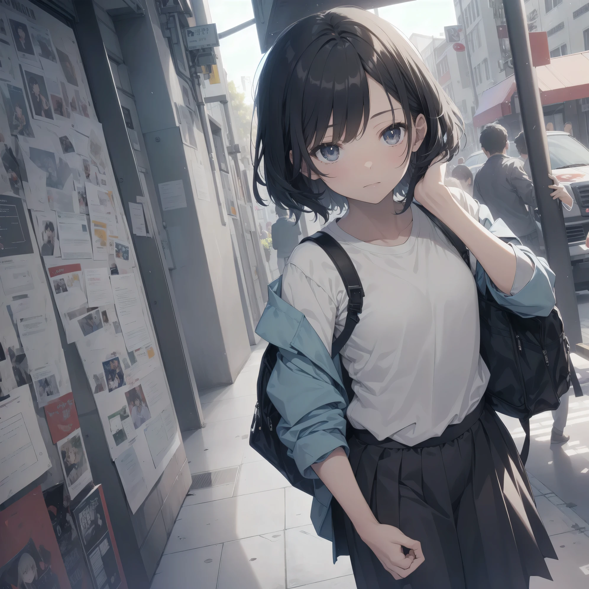 ultra-absurdres-Top quality by artist God, ultra-detailed, high resolution, anime moe artstyle, best anime 8k konachan wallpaper, pixiv contest winner, perfect anatomy,break, 1girl, (Please draw a girl walking sleepily to school alone. )break,(Solo,little female, 13-year-old:1.3),Full limbs, complete fingers,a junior high school student, Attractiveness of immature bodies, (very short hair), short cut, flat chest, , small butt, small black eyes, beautiful detailed eyes, well-proportioned iris and pupils, expressive eyes, highres detailed hair, soft expression, school_uniform, white shirt, pleated skirt,(Detailed Lighting), (Detailed background), in the School commute route. break,super detailed skin, Best cinematic lighting powered by famous artist, 8k,beauty illustration,photoshop_(medium),very aesthetic,break,((artist:fujiyama )), artist:akinashi_yuu ,artist:oyari_ashito ,artist:kantoku ,