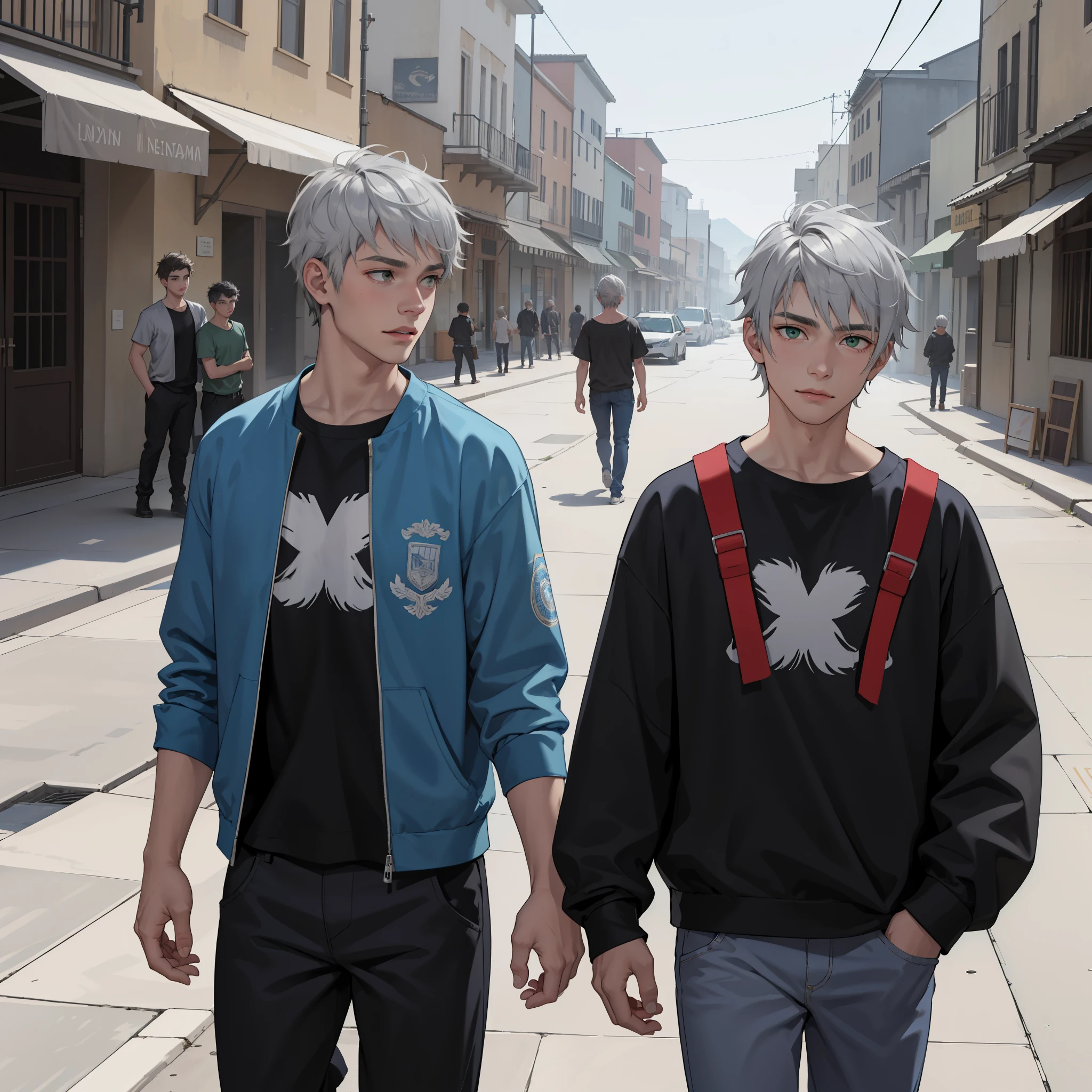 In the background there is a city with green mountains., silver Two teenage friends of  with silver hair, una amenaza a la otra , With Latin skin and light gray hair on the outskirts of a large silver city they are talking about an important topic they are friends almost like brothers.........