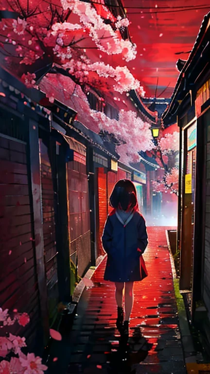 Girl walking in the middle of the night。Red Moon,cherry blossoms