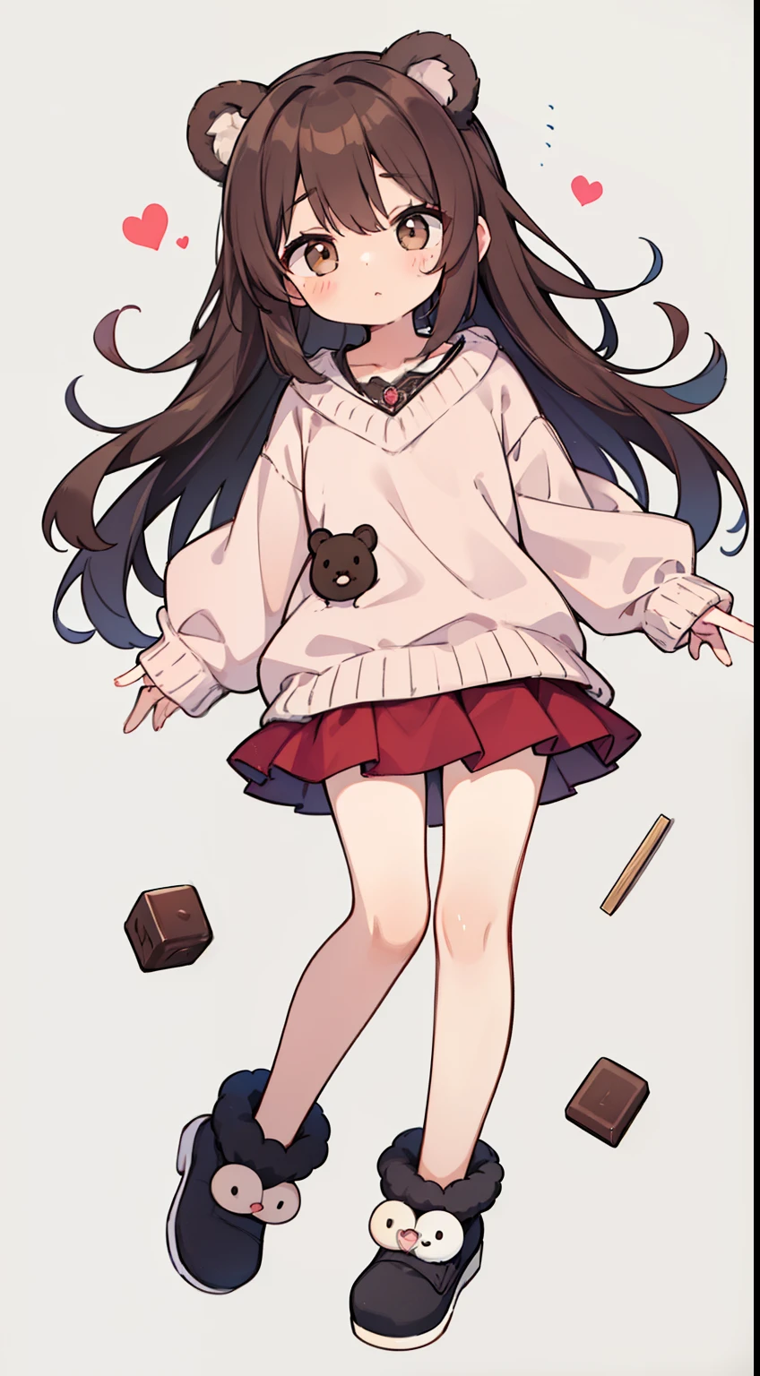 1 cute girl, chocolate brown hair, long curly hair, dark brown eyes, wears a soft knitted sweater in shades of cream and caramel, adorned with cute heart-shaped buttons and cozy ribbed cuffs. Paired with a fluffy skirt in a matching caramel color.  wears fuzzy slippers in a soft shade of pink, adorned with adorable bear ears on the toes. FULL BODY