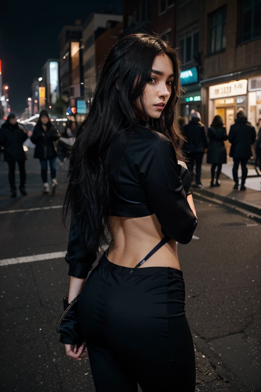 goth girl,1girl,((extremely cute and beautiful black haired anime goth girl)),(((16 years old))),(large breasts:1.2),((((black wavy hair:1.35,absurdly long unkempt hair,messy hair,colored inner hair,ear breathing)))),((heterochromia:1.5, (purple_eye and red_eye))),intricate eyes,beautiful detailed eyes,symmetrical eyes,Big eyes:1.5,((fat)),(((lustrous skin:1.5,bright skin: 1.5,skin tanned,shiny skin,very shiny skin,shiny body,plastic glitter skin,exaggerated shiny skin,illuminated skin))),(spider lower abdomen,narrow waist,wide hip,athletic body,inflated legs,detailed body,(detailed face)),

cute,slutty,seductive,erotic,(nsfw),

revealing clothing,show skin,((((printed T-shirt:1.3),black leather crop jacket:1.3))),((black leather pants,)),((underpants strap)),((underboob:1.2)),(((Black Eyeshadow,Thick Black Eyeliner,Long Dramatic Eyelashes,Black Lips,Goth Accessories,intricate makeup))),(((intricate outfit,intricate clothes,embroidered outfit,ornate outfit,embroidered clothes,ornate clothes))),

(dynamic pose:1.0),embarrassed,(centered,scale to fit dimensions,Rule of thirds), ((perfect butt))

((snowy pine forest at night)), with dark stormy clouds,winter,scenery:1.25,((snow forest background)),Christmas tree,

(Glossy winter ornaments),(top-quality,8K,32K,​masterpiece),high resolution,(Photorealistic:1.4),Ray tracing,Sun glare,depth of fields,By backlight effect,Add depth to your screen,(((vibrant colors,vibrant theme))),(intricate),(high contrast,photorealistic artwork:1.37),(best quality,4k,highres,masterpiece:1.2),ultra-detailed,(realistic,photorealistic,photo-realistic:1.37),professional,