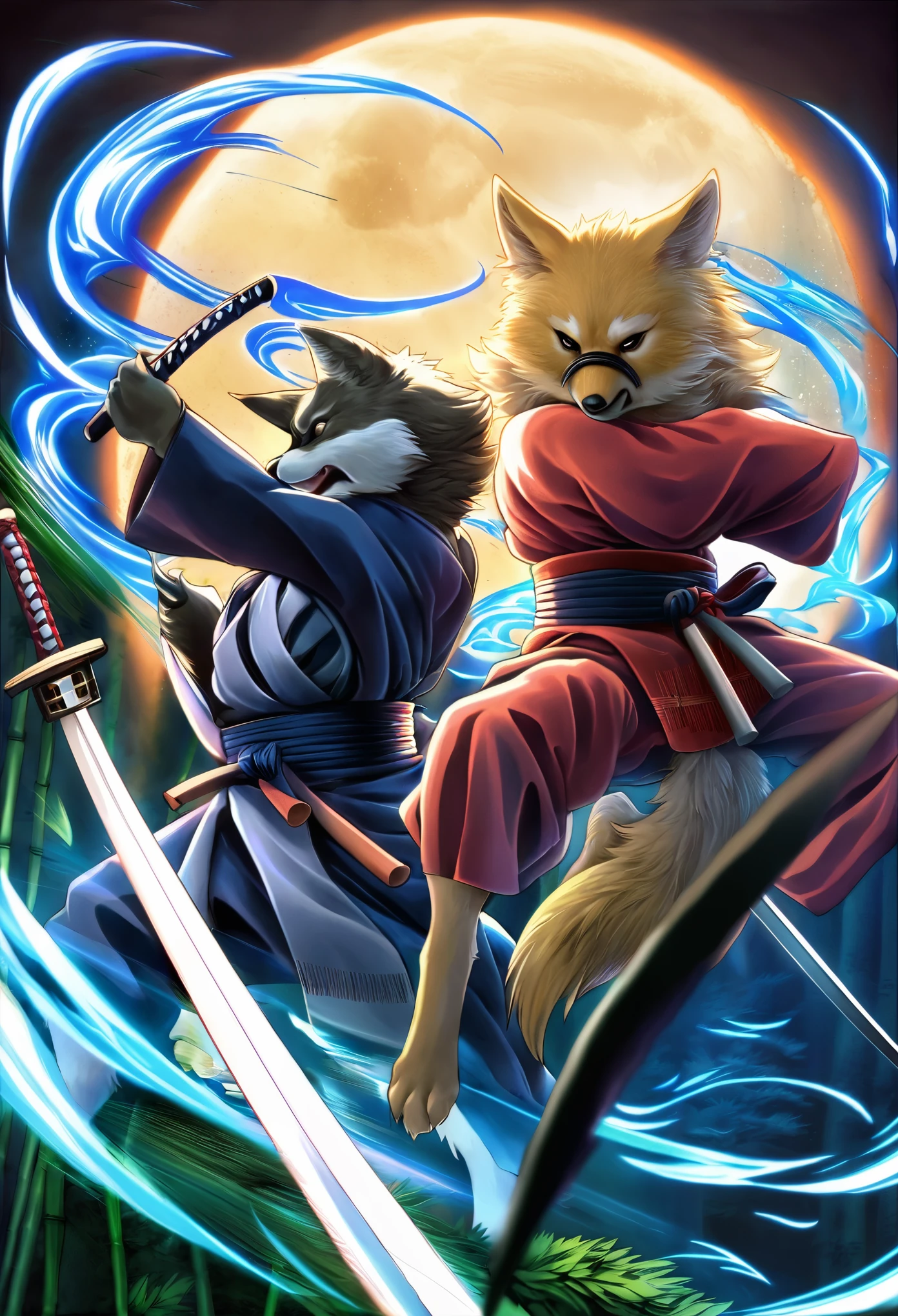 Top quality ultra-fine illustrations, movie poster, Zatoichi, Blind Swordsman (bamboo forest, dark night with beautiful full moon, rays of light through bamboo, backlighting, Tyndall phenomenon) (beautiful face and eyes with great detail) absurdres perfect anatomy ((Beastman))) (furry, pair, Japanese kimono, ninja, sword with blue flames, battle duels, concentration lines) (furry anthro:1.7) ((((furry body, animal facial features, animal body features)))) ((((animal muzzle highly detailed fur)))) full body, sturdy look, shouting, combat regime (dynamic pose),