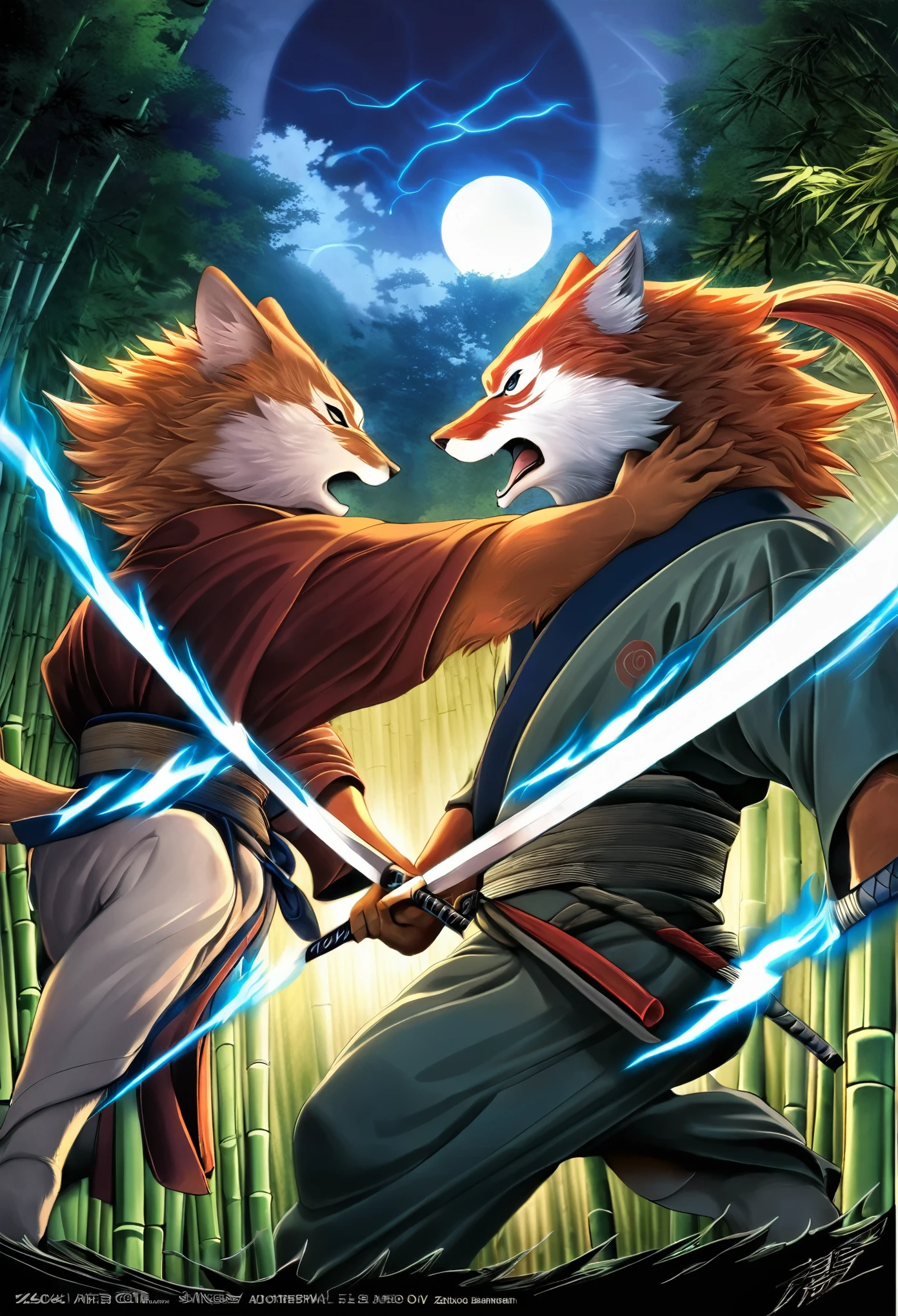 Top quality ultra-fine illustrations, movie poster, Zatoichi, Blind Swordsman (bamboo forest, dark night with beautiful full moon, rays of light through bamboo, backlighting, Tyndall phenomenon) (beautiful face and eyes with great detail) absurdres perfect anatomy ((Beastman))) (furry, pair, Japanese kimono, ninja, sword with blue flames, battle duels, concentration lines) (furry anthro:1.7) ((((furry body, animal facial features, animal body features)))) ((((animal muzzle highly detailed fur)))) full body, sturdy look, shouting, combat regime (dynamic pose),