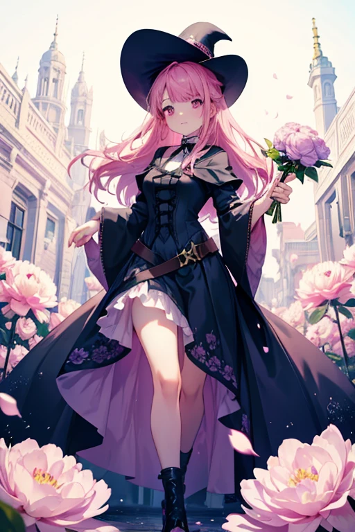 A pink haired female witch with violet eyes with an hourglass figure in a victorian style dress is  standing in a flurry of peony petals