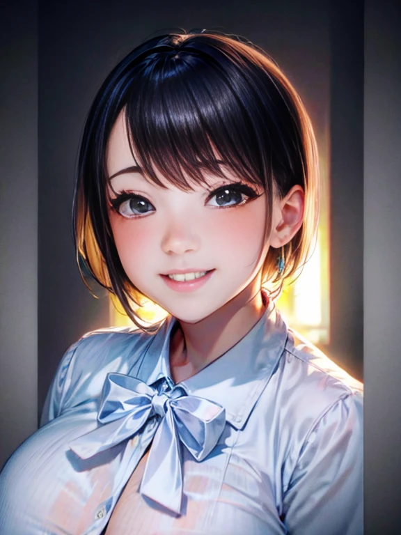 (((Highly detailed CG Unity 8K wallpaper))),(((masterpiece))), (((highest quality))), (((Super detailed))), (((best illustrations))),(((ultra high resolution)))、(best shadow), (perfect background)、(2 Japanese women)、cowboy shot、(((smile)))、(((perfect face)))、(((perfect breasts)))、(((perfect body)))、((huge huge breasts))、(((short hair)))、(((black hair)))、(((white shirt)))、(((red ribbon)))