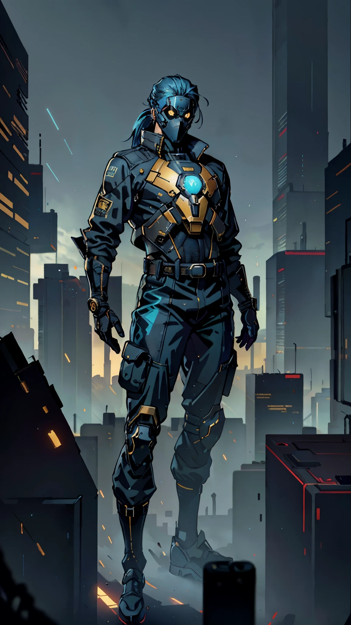 A man with blue hair tied in a ponytail, his face concealed by a falcon concept mask, full mask, stands tall and imposing, a futuristic sci-fi style short jacket, a dark bodysuit, matching trousers, a belt cinched at the waist, colorful gloves, he stands atop a futuristic high-rise, city night view, this character embodies a finely crafted futuristic sci-fi style masked hero in anime style, exquisite and mature manga art style, high definition, best quality, highres, ultra-detailed, ultra-fine painting, extremely delicate, professional, perfect body proportions, golden ratio, anatomically correct, symmetrical face, extremely detailed eyes and face, high quality eyes, creativity, RAW photo, UHD, 32k, Natural light, cinematic lighting, masterpiece-anatomy-perfect, masterpiece:1.5