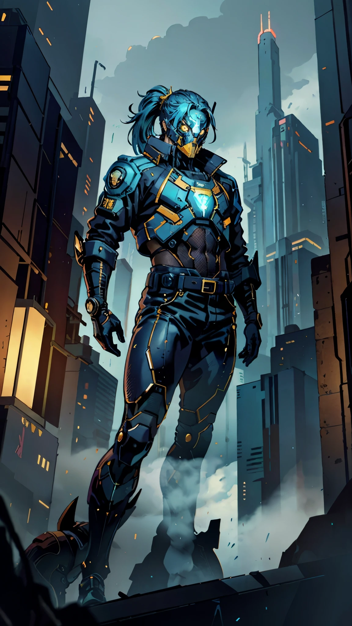 A man with blue hair tied in a ponytail, his face concealed by a falcon concept mask, full mask, stands tall and imposing, a futuristic sci-fi style short jacket, a dark bodysuit, matching trousers, a belt cinched at the waist, colorful gloves, he stands atop a futuristic high-rise, city night view, this character embodies a finely crafted futuristic sci-fi style masked hero in anime style, exquisite and mature manga art style, high definition, best quality, highres, ultra-detailed, ultra-fine painting, extremely delicate, professional, perfect body proportions, golden ratio, anatomically correct, symmetrical face, extremely detailed eyes and face, high quality eyes, creativity, RAW photo, UHD, 32k, Natural light, cinematic lighting, masterpiece-anatomy-perfect, masterpiece:1.5