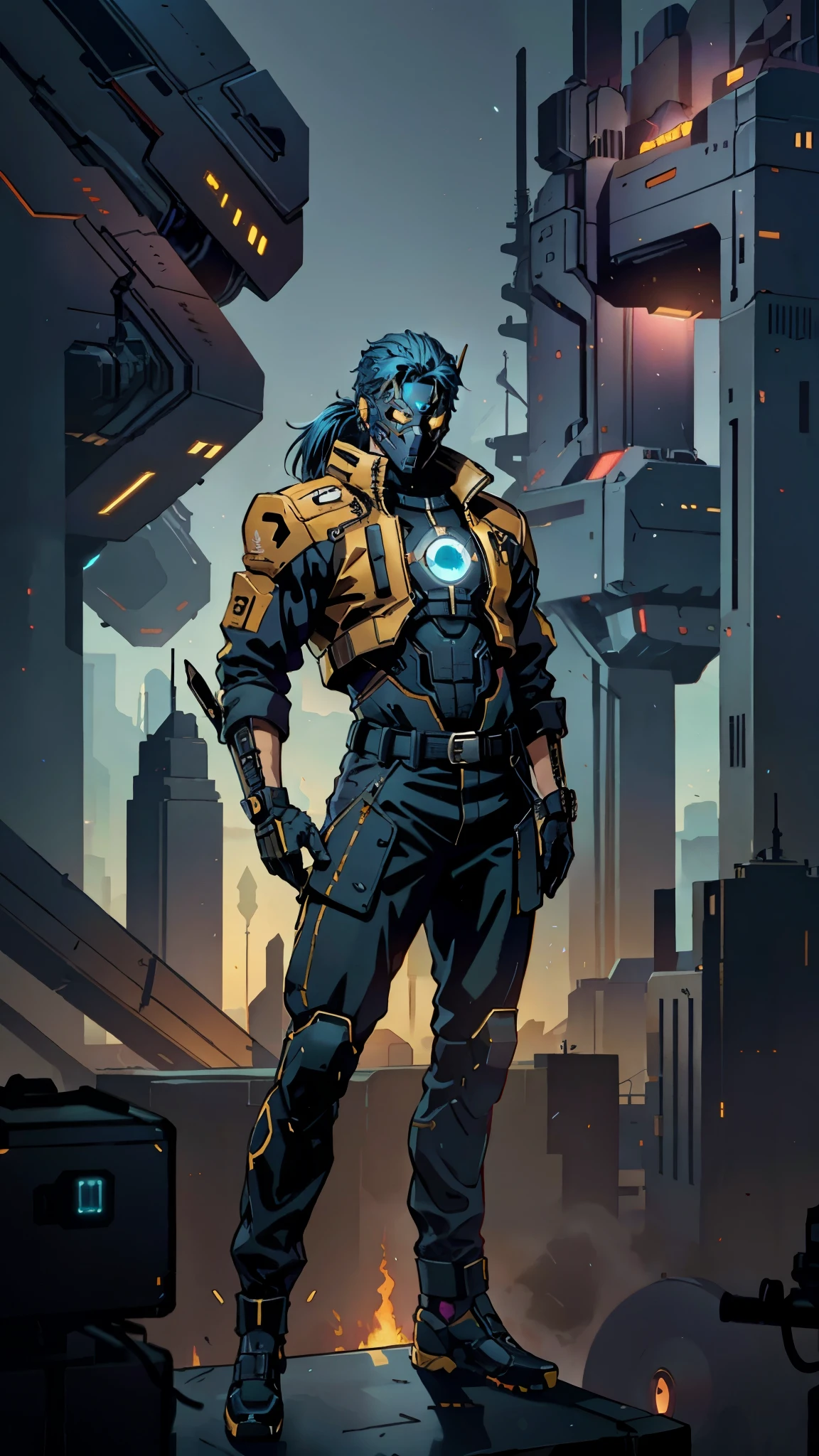 A man with blue hair tied in a ponytail, his face concealed by a falcon concept mask, full mask, stands tall and imposing, a futuristic sci-fi style short jacket, a dark bodysuit, matching trousers, a belt cinched at the waist, colorful gloves, he stands atop a futuristic high-rise, city night view, this character embodies a finely crafted futuristic sci-fi style masked hero in anime style, exquisite and mature manga art style, high definition, best quality, highres, ultra-detailed, ultra-fine painting, extremely delicate, professional, perfect body proportions, golden ratio, anatomically correct, symmetrical face, extremely detailed eyes and face, high quality eyes, creativity, RAW photo, UHD, 32k, Natural light, cinematic lighting, masterpiece-anatomy-perfect, masterpiece:1.5