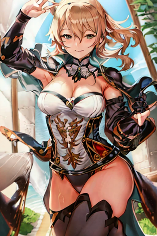 masterpiece, best quality, beautiful art, high resolution, well formed hands, body and fingers, 1 woman, solo, Jean Gunnhildr, adult,  up,  big breasted, cleavage full body, wearing a Iroha Samurai Shodown outfit, hair ornament, gorgeous legs and thighs, black stockings, maid, sexy Japanese clothes, pelvic curtain, leotard peeking, dancing seductively and erotically, turning backwards and forwards , showing her back and front, and smiling joyfully, looking at the viewer, flirting, beach environment , biting her lips 