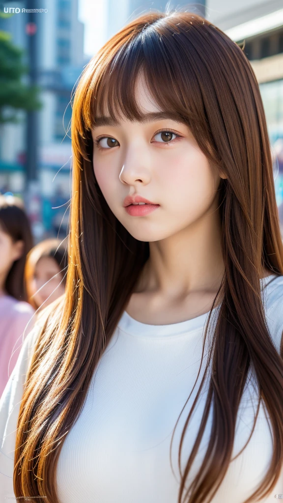 (best quality, 8k, 32k, masterpiece, UHD:1.2), ultra high resolution, (pretty a Korean early  girl), 13 yrtrait, beautiful detailed eyes, semi long brown hair, bangs, crowded city street, (detailed background:1.5)