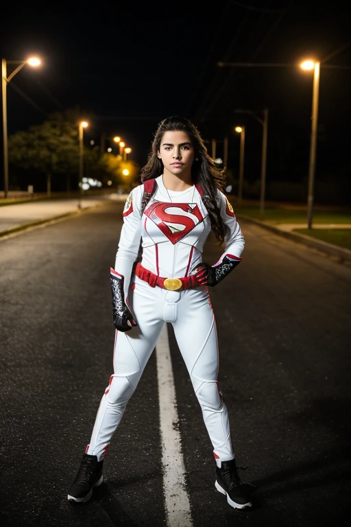 foto cruda, (de cerca:1.2), Foto de retrato de una adolescente americana, escarlata & White superhero costume, paisaje urbano nocturno, action pose, piel natural,  8k hd, alta calidad, film grain, Fujifilm XT3