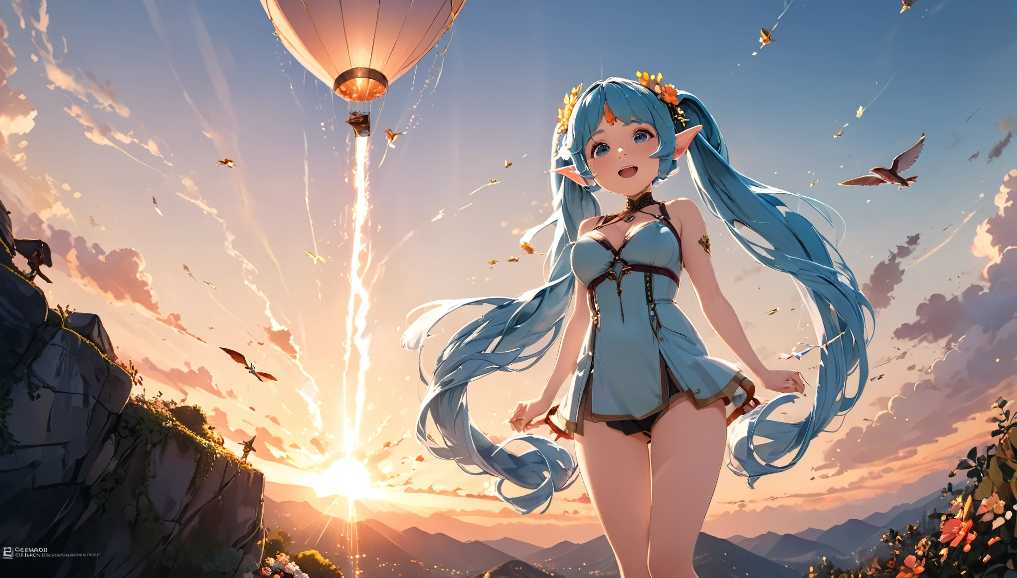 masterpiece, best quality, movie still, 1 elven girl, (soaring in the air), bright, happy, warm soft lighting, sunset, (sparks:0.7), look up from below , solo, large breasts, (whole body ) , blush, very long hair, bangs, light blue hair, hair style is twin tails,hair ornament is flower, pointed ears