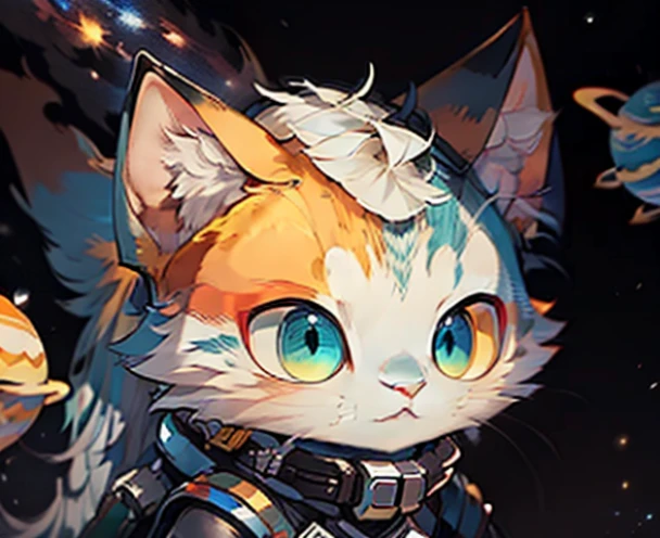 galaxy background with stars and planets, spaceships，blue cat, some parts of its body are robotic.