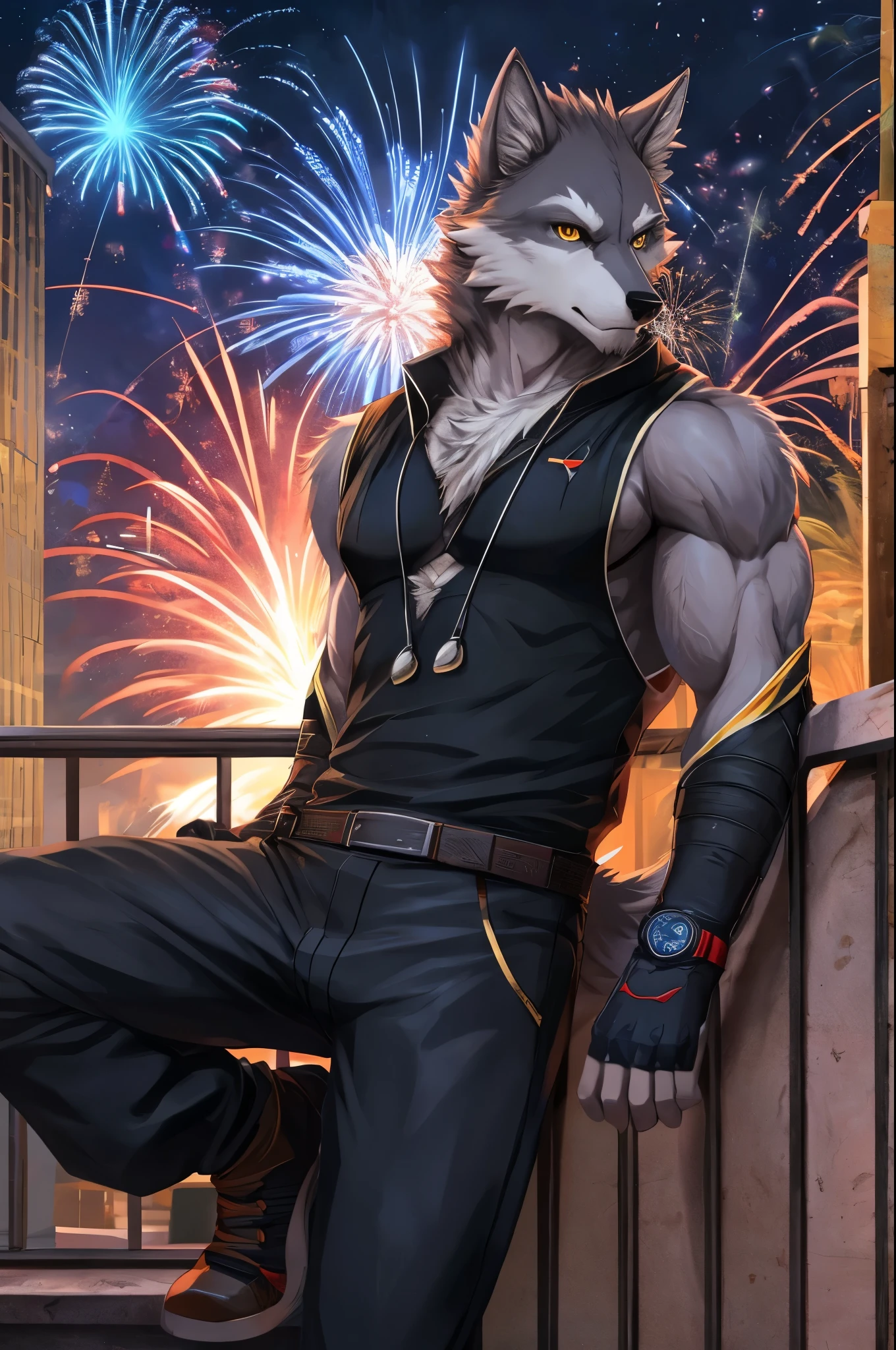 furry, male, anthro, (Wolf Tail), solo, (Realistic eye details:1.2), (beautiful detailed eyes), anime character there is a wolf male, alone, cool pose, moderate intensity body, golden eyes, combat black shirt, combat gloves, Hair coiled, combat pants, Handsome, nice, Watch fireworks, Leaning on the rooftop, evening, Leisure relaxation background, perfect anatomy,realistic anatomy, full body like, slim body, good looking, abs, muscular, anime style, 8k, 4k anime wallpaper, anime art wallpaper 8 k, 2 d art, 2d art, anime art wallpaper 4k, detail art