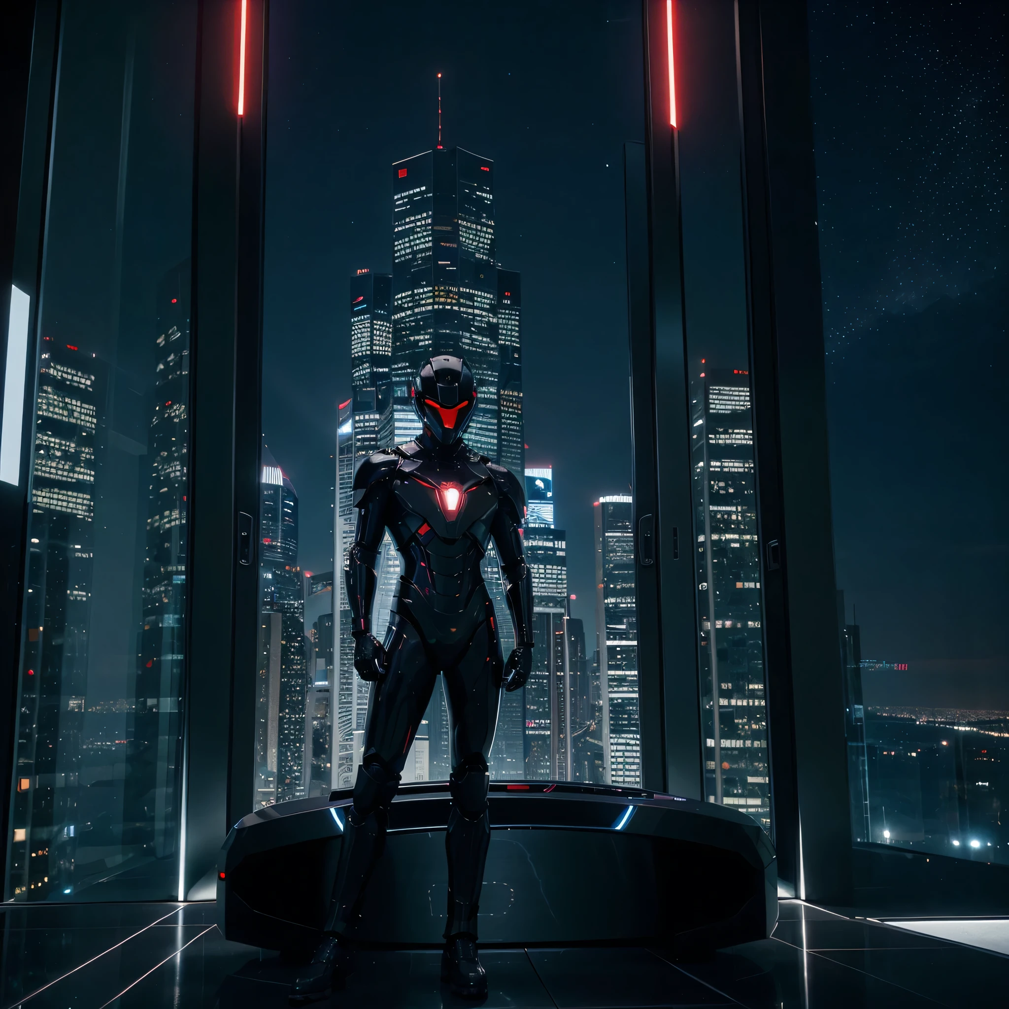 Describe a stylish futuristic robot, with a shiny and reflective technological red helmet. Its polished metallic armor reflects the city lights below. He is wearing a black jacket with futuristic details and luminous details.
The robot is standing on top of a tall building, overlooking a futuristic night city full of bright lights and futuristic skyscrapers. Modern structures stretch as far as the eye can see, combining architectural elegance with cutting-edge technology. The night sky is dotted with stars, mas a luz artificial da cidade domina a paisagem, criando um ambiente futurista e vibrante.